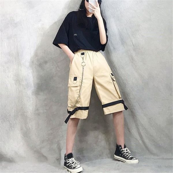 

harajuku streetwear women casual harem shorts with chain solid black cargo gothic cool fashion hip hop long trousers capris 210304, White;black