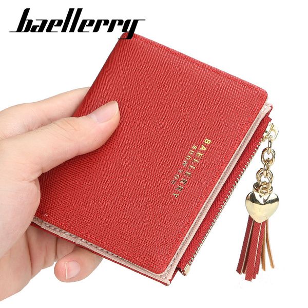 

baellerry women's short korean fashion vertical multi card position cross pattern tassel zipper zero wallet, Red;black