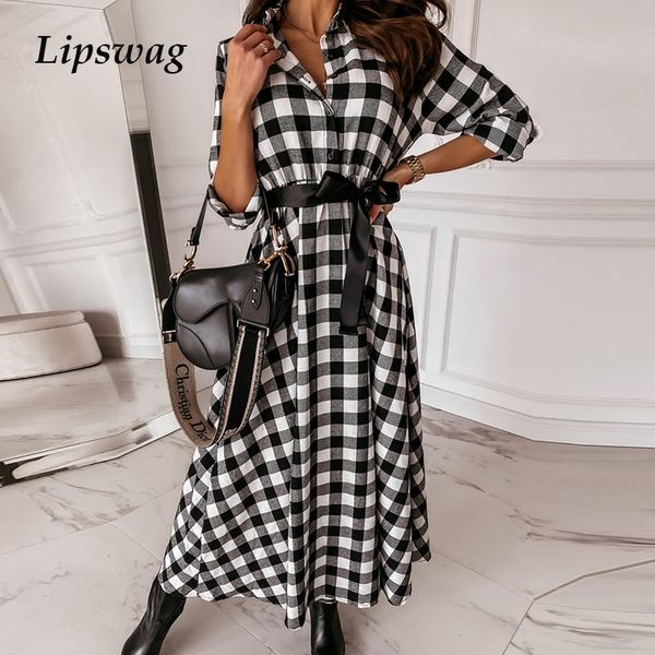 

2021elegant turn-down collar long dress women autumn spring fashion plaid dress office lady button long sleeve a line dresses mujer, Black;gray
