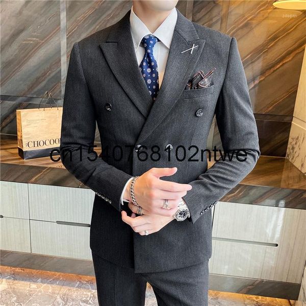 

autumn and winter 2021 british large double breasted dark stripe suit three piece business casual bridegroom dress korean men's suits &, White;black