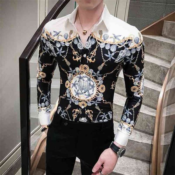 

gold black korean men clothes streetwear fashion print casual shirt slim fit dress party tuxedo camiseta masculina 210721, White;black
