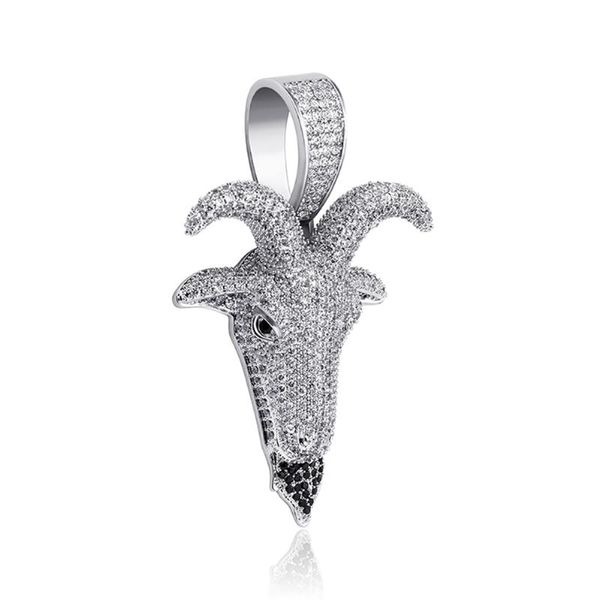 

pendant necklaces goat in white gold full micro pave cubic zirconia iced with big clasp hip hop punk jewelry, Silver