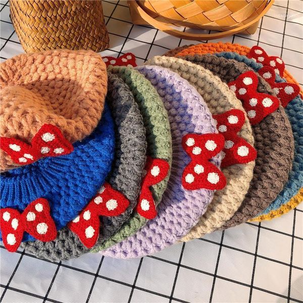 

caps & hats autumn winter kids baby girls bow wool hat warm pleated knitted solid color hedging cap 3-8y1, Yellow