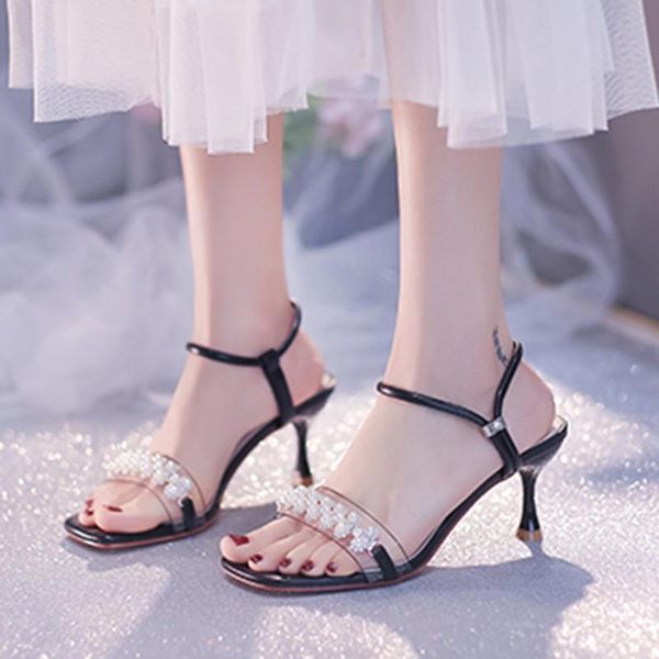 

sandals lucyever pearl high heels women summer transparent pvc thin pumps woman 2021 elegant fashion shoes slippers, Black