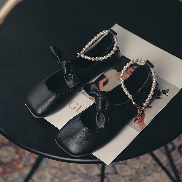 

sandals summer 2021 fashion simple black flat shoes women's pearl bow embellishment