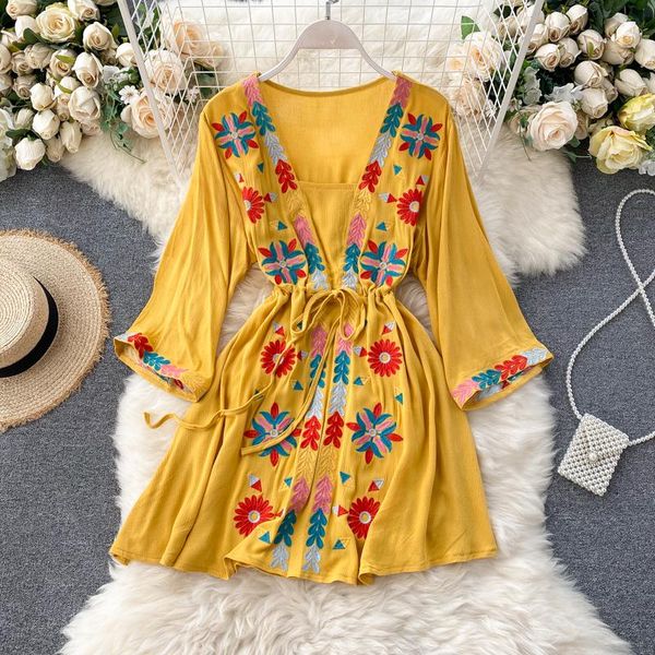 

casual dresses women bohemian holiday vintage embroidery sun protection long-sleeved drawstring high waist slimming short dress vestidos m93, Black;gray