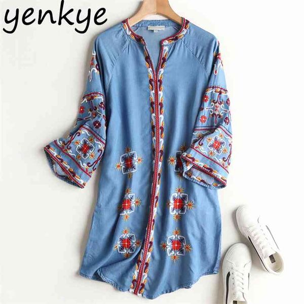 Floral Bordado Denim Dress Mulheres V Pescoço Three-Quarter Sleeve Casual Plus Size Verão Robe Femme APWM555 210514