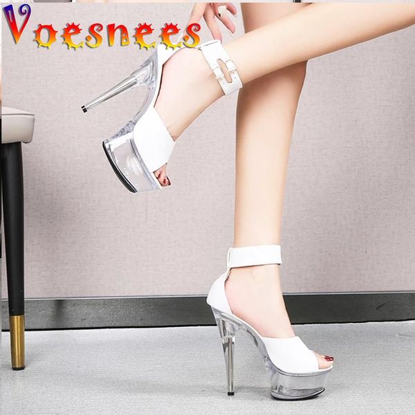 

voesnees 2021 summer women shoes transparent platform sandals clear thin heels high heels15cm club stripper pole dance dress, Black