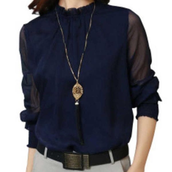 

women's blouses & shirts women spring chiffon blouse long sleeve stand collar design ruffles solid casual double layer stylish slim blu, White