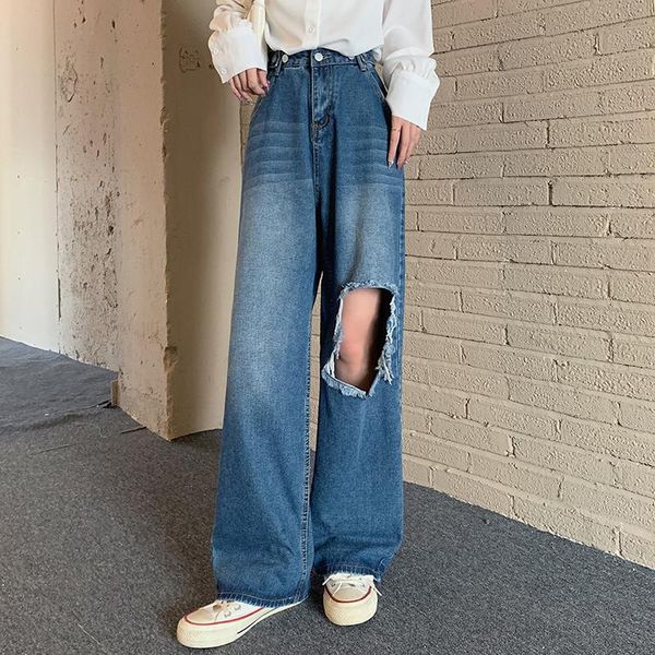 

women's jeans capris hole wide-legged korean vintage clothes high waist trousers fashion pants for girls streetwear 2021 autumn, Blue