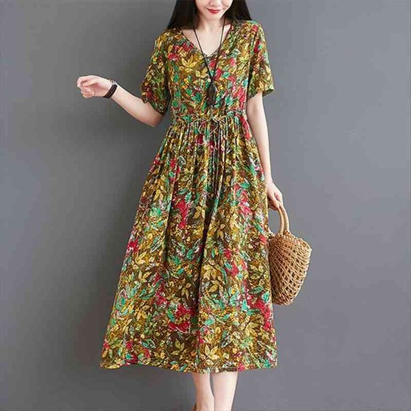 

print floral prairie chic vintage dress cotton linen short sleeve loose summer dress plus size women casual long, White