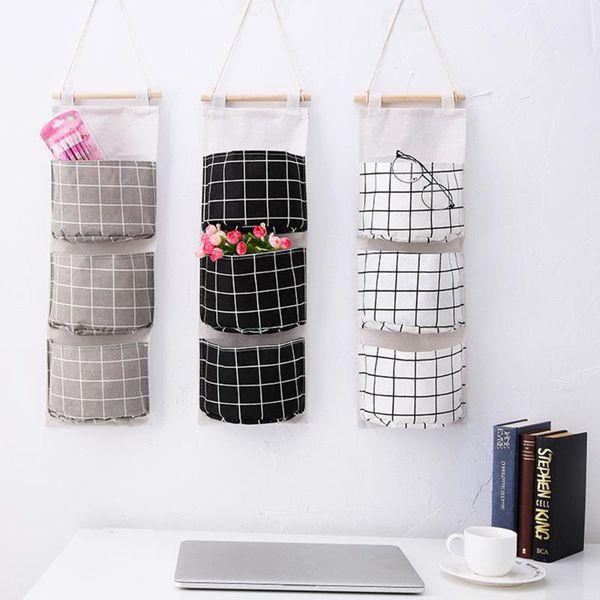 

hanging baskets cotton linen three-pocket wall storage bag sundry toy door jewelry stationery closet organizer waterproof home decor