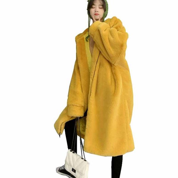 

women's fur & faux elegant women winter warm coat imitation mink velvet otter long overcoat female loose hooded jacket g054, Black