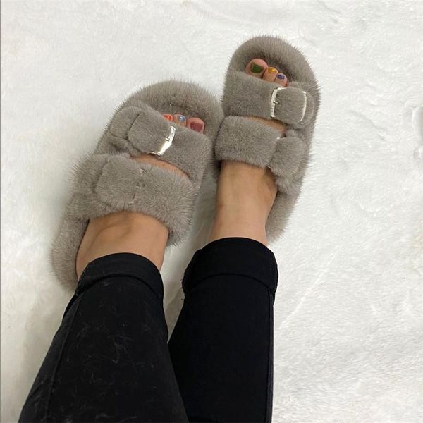 

european station luxury fashion fur slippers mink ladies 100% flat heel slipper, Black