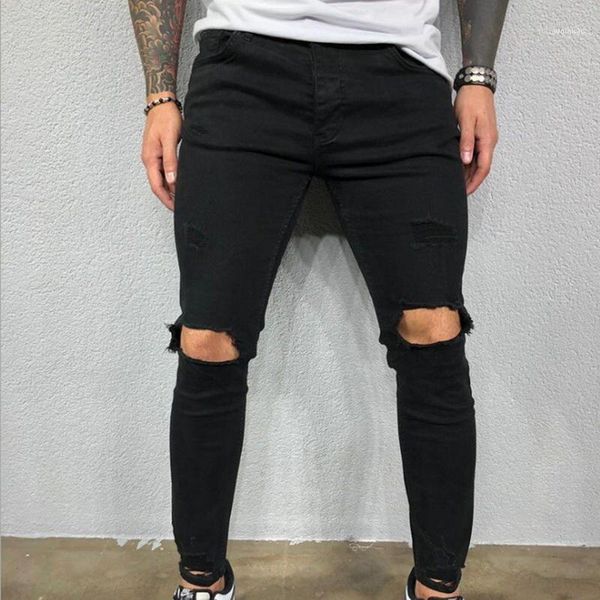 

men's ripped elastic foot jeans casual style trousers temperament communte streetwear spring 20211, Blue