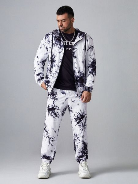 

extended sizes men tie dye zip up sweatshirt and sweatpants set t2dl#, Gray