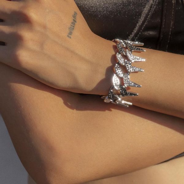 

link, chain retro micro-encrusted geometric jewelry with exaggerated punk rivet-shaped cuban buckle bracelet female, Black