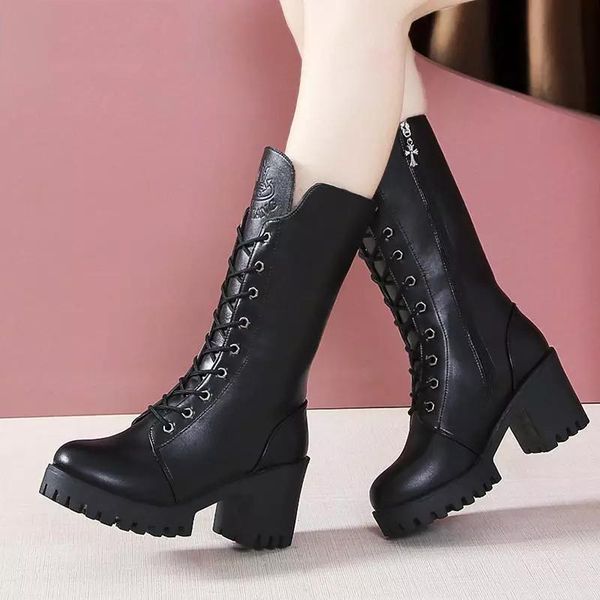 

boots 2021 winter autumn high women fashion black square heel woman leather shoes pu large size 41