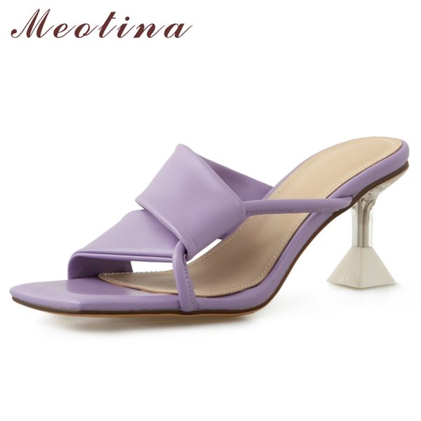 

meotina women sandals high heel slippers summer square toe crystal heel slides narrow band ladies footwear purple white 40 210520, Black