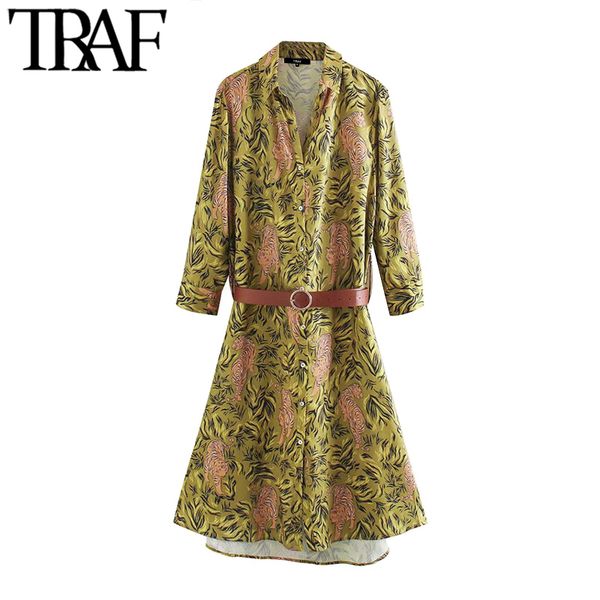 

traf women chic fashion animal print with belt midi dress vintage lapel collar long sleeve female dresses vestidos 210415, Black;gray