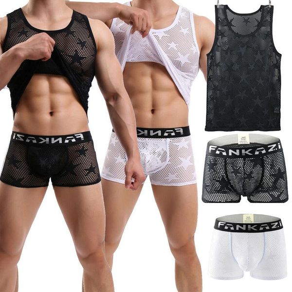 

men see through pajama summer sleepwear boxer underwear mesh tank undershirt net star print breathable bodybuilding undershirts, Black;brown