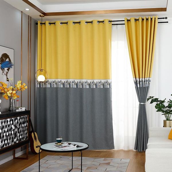 

yellow gray solid splicing with geometry blackout curtain for bedroom nordic blue stitch in the living room 154d & drapes