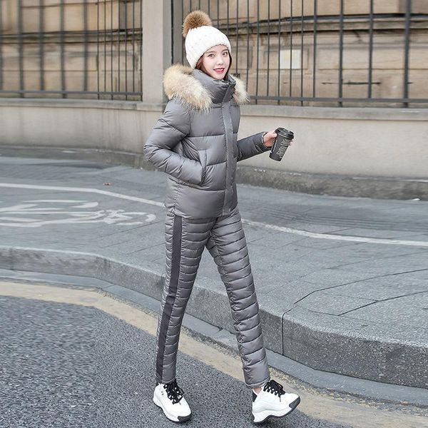 

women's two piece pants women 2021 winter parka sets female short fur collar hooded cotton jackets ladies solid down 2 suits e822, White