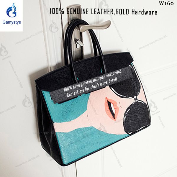 

fashion glasses girl hand painting draw graffiti famous brand custom women totes cowhide handbags gifts genuine leather bags