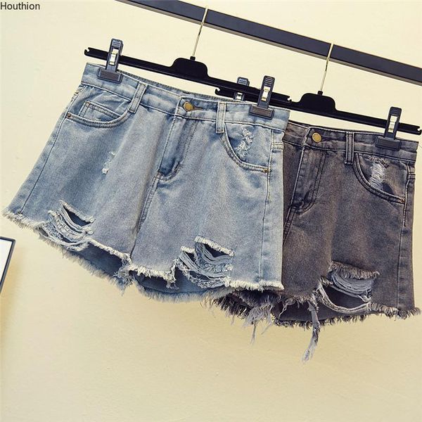 

women's shorts houthion denim casual fashion high waist loose plus size solid pocket button hole clothing summer, White;black