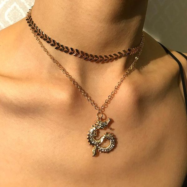 

double layer dragon pendant necklace clavicle chain for women gold silver color fishbone flat chokers party jewelry gift, Golden;silver