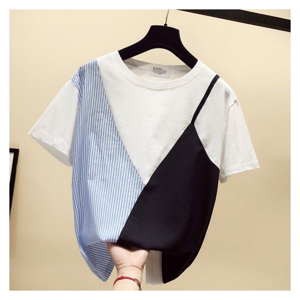 

fashion summer women o neck short sleeves stripe patchwork color t-shirt all-match pullover tee a1171 210519, White