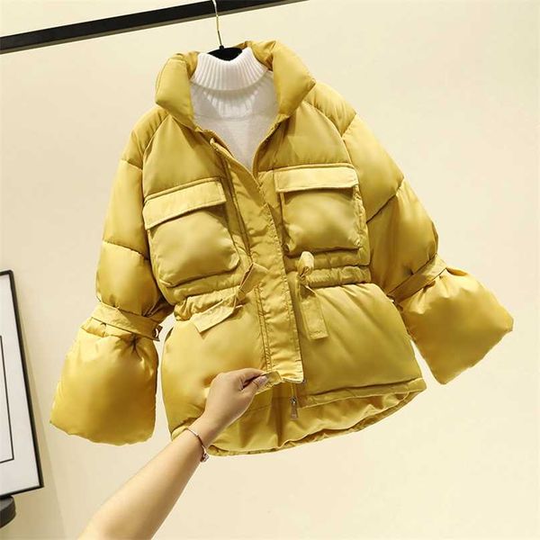 

women winter jackets parkas fashion thick warm lantern sleeve slim solid sweet for female 211018, Black
