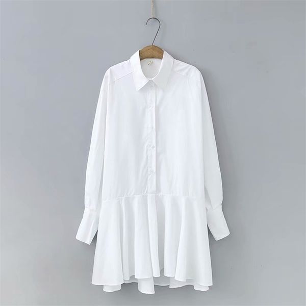 

women fashion solid black white color casual trumpet dress lady irregular hem ruffles vestidos chic business shirtdresses ds3531 210419, Black;gray