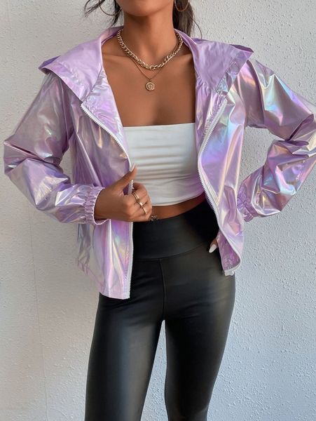 

holographic raglan sleeve hooded jacket x53g#, Black;brown