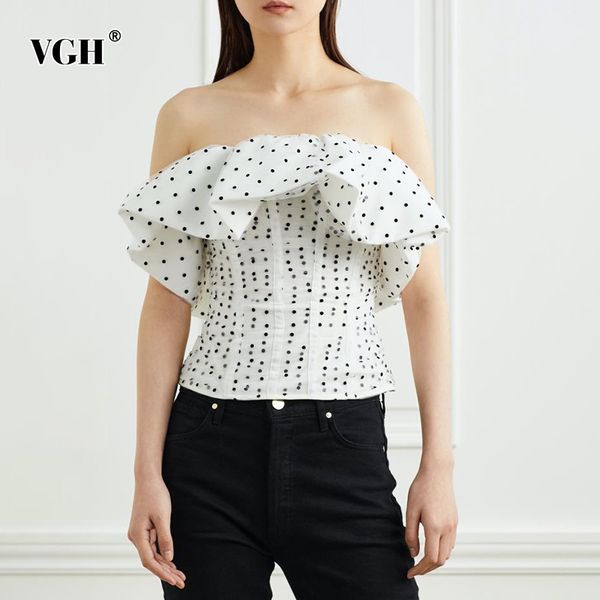

vgh white print dot casual shirts for women slash neck sleeveless patchwork ruffles short blouses female fashion style 210421