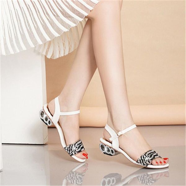 

sandals female 2021 summer style korean fairy thick heel rhinestone mid-heel word belt fashion with skirt sanda, Black