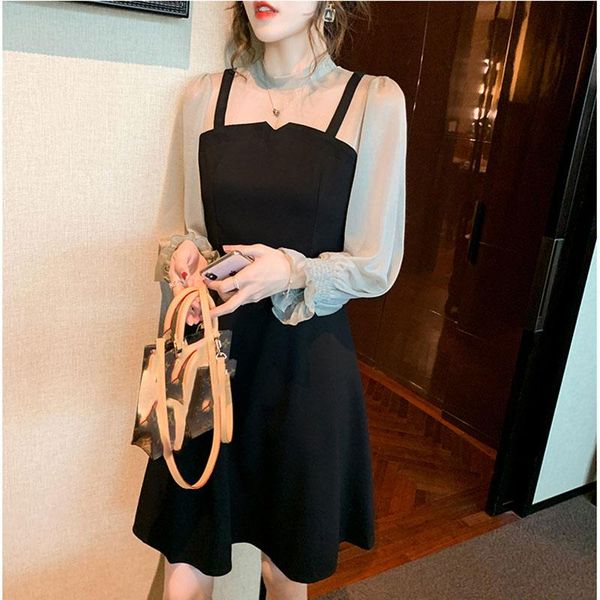 

casual dresses for women long-sleeve lace fake two-piece kawaii short dress tight patchwork party club robe, Black;gray