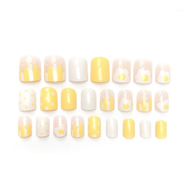 

24pcs/set cute poached egg fake nails reusable acrylic nail art square head stickers decoration skil1, Red;gold