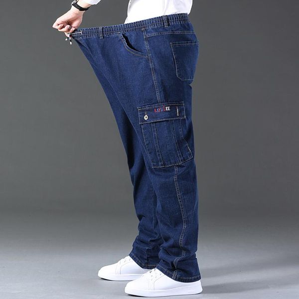 

men's jeans 29-48 size plus men baggy solid pants cargo male casual denim fashion mens long trousers clothing, Blue