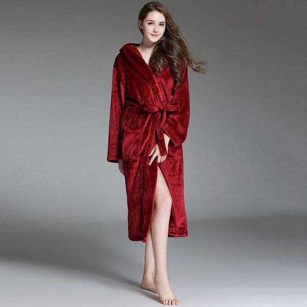 

women's sleepwear women soft long bath robe fashion thick warm winter bathrobe hooded nightgown female dressing gown flannel robes, Black;red