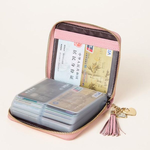 

card holders bag ladies multi-card cowhide multifunctional genuine pickup clip zipper business holder, Brown;gray