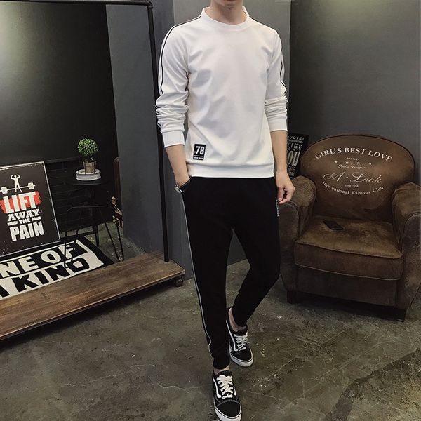 

men's sports suit spring and autumn round neck sweater two-piece set of leisure handsome cloth men's youth trend simple style, Black