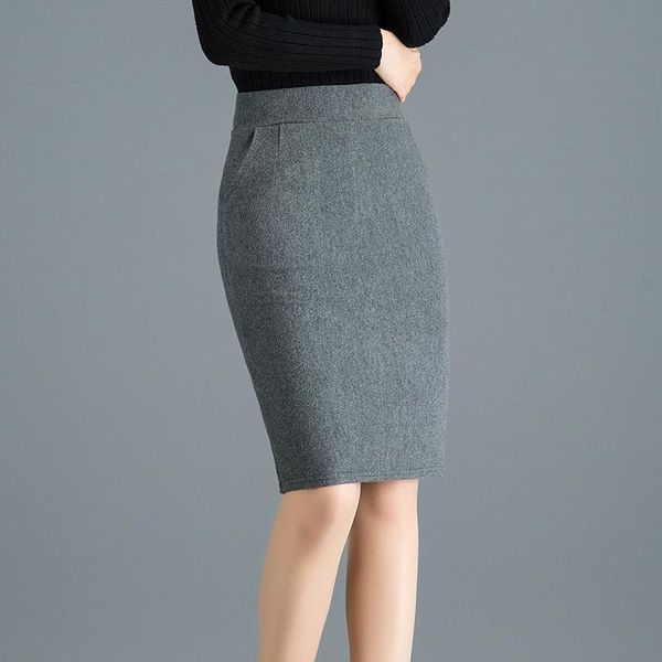 

woman high waist wool pencil skirt women spring autumn formal bodycon skirts knee length work wear solid black grey saias jupe