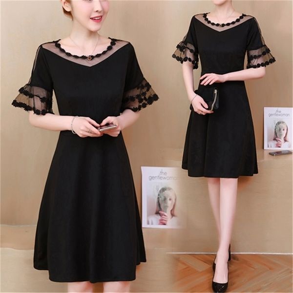 L-5xl verão preto sexy vestido mulheres manga curta o-pescoço vestidos vintage festa praia solta oca vestidos plus size mujer 210513