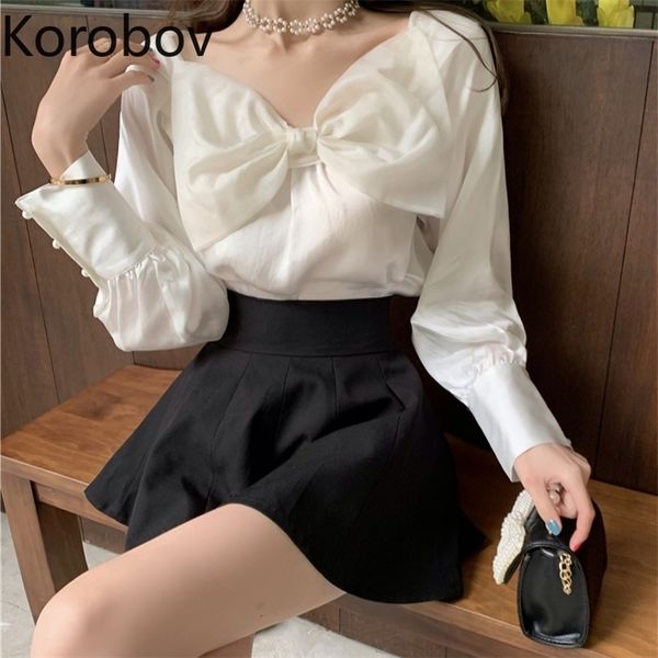 

korobov new arival women blouses korean elegant sweet bow long sleeve female shirts vintage v neck white shirt 210430