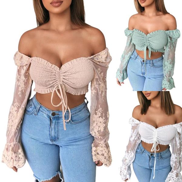 

women's t-shirt women floral embroidery cropped , lace long sleeve off-shoulder drawstring vest for summer 2021, White