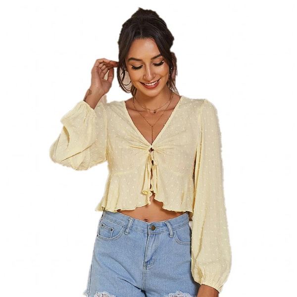 

women's blouses & shirts 2021 long sleeve small fresh spring and summer fashion temperament hollow lantern v neck short shirt, White