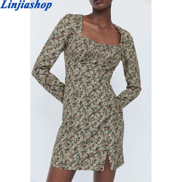 

fall women vintage floral print dress long sleeve square neck pencil mini autumn vestido casual dresses, Black;gray