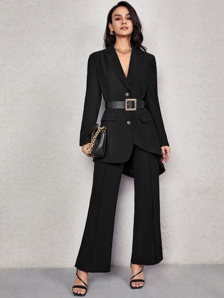 

label collar high low blazer without belt d5ct#, White;black