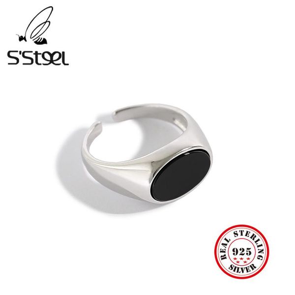 

cluster rings s'steel korean ring 925 sterling silver for women geometric oval black onyx anillo de plata ley mujer fine jewelry, Golden;silver